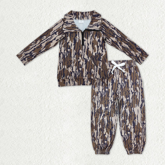 RTS NO MOQ Baby Boys Olive Camo Long Sleeves Pocket Zipper Pullover Top Jogger Pants Clothes Set