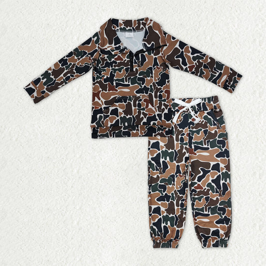 RTS NO MOQ Baby Boys Dark Brown Camo Long Sleeves Pocket Zipper Pullover Top Jogger Pants Clothes Set