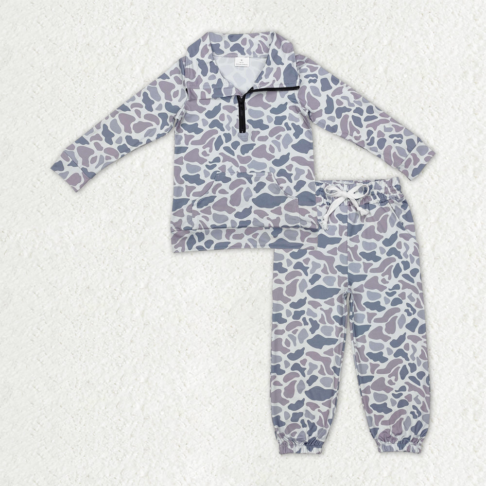 RTS NO MOQ Baby Boys Light Grey Camo Long Sleeves Pocket Zipper Pullover Top Jogger Pants Clothes Set