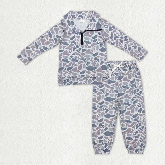 RTS NO MOQ Baby Boys Light Grey Camo Long Sleeves Pocket Zipper Pullover Top Jogger Pants Clothes Set