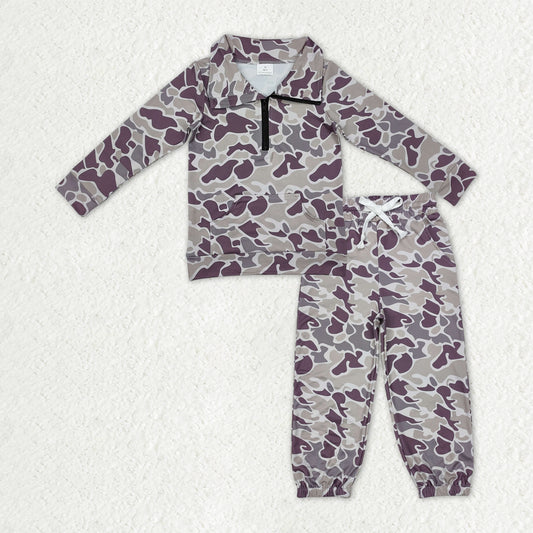 RTS NO MOQ Baby Boys Grey Camo Long Sleeves Pocket Zipper Pullover Top Jogger Pants Clothes Set