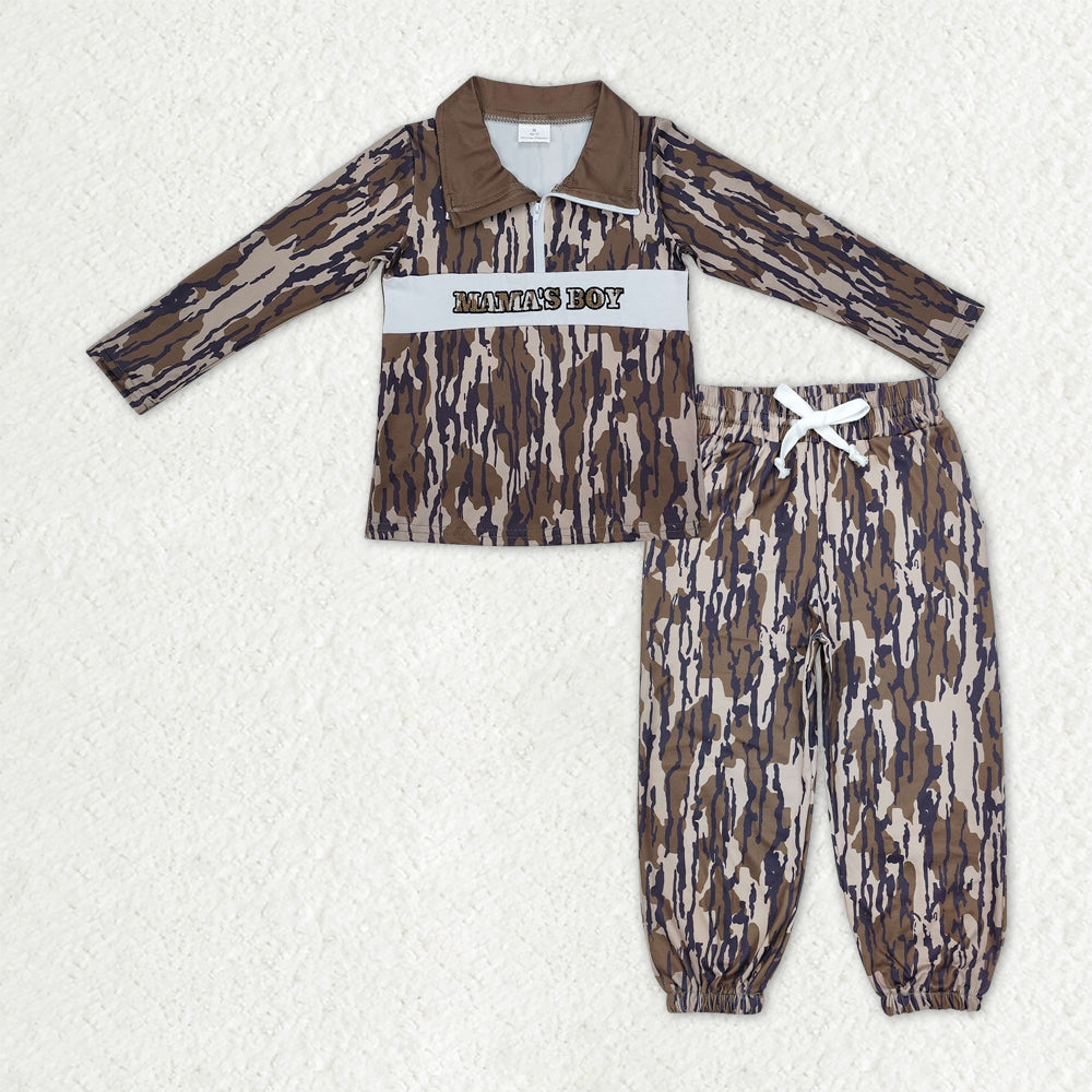 RTS NO MOQ Embroidery Mama's Boy Baby Boys Olive Camo Zipper Pullover Pocket Jogger Clothes Set