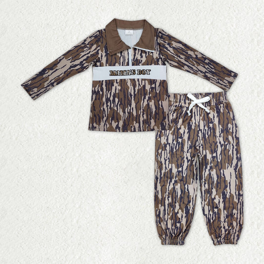 RTS NO MOQ Embroidery Mama's Boy Baby Boys Olive Camo Zipper Pullover Pocket Jogger Clothes Set