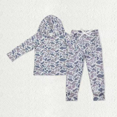 RTS NO MOQ Sibling Baby Boys Light Grey Camouflage Long Sleeve Hooded Tops Pants And Zip Rompers Clothing Set
