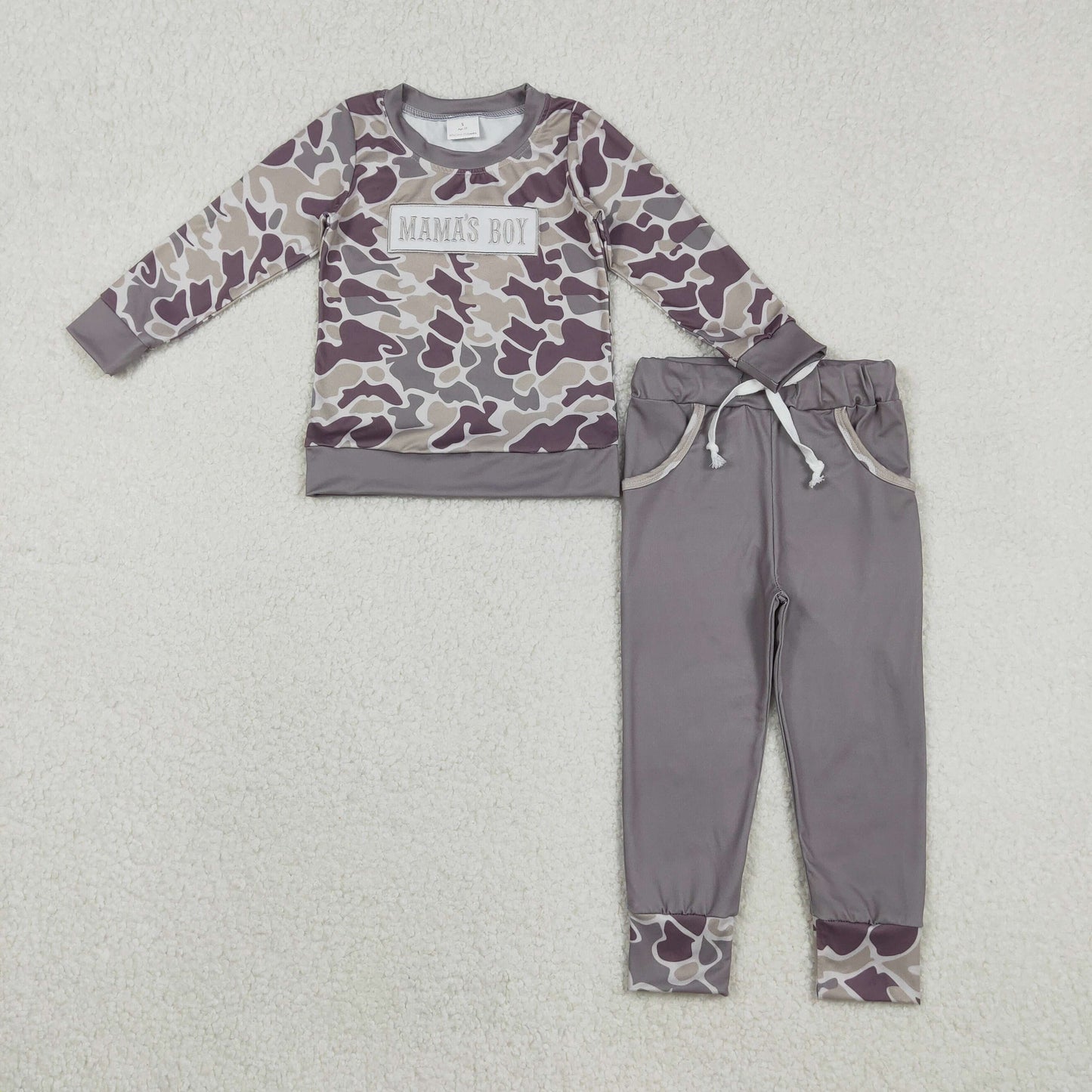 RTS NO MOQ Sibling baby boy clothes Embroidered Mama's Boy Brown-Green Camouflage Beige Long-Sleeve Pants Suits