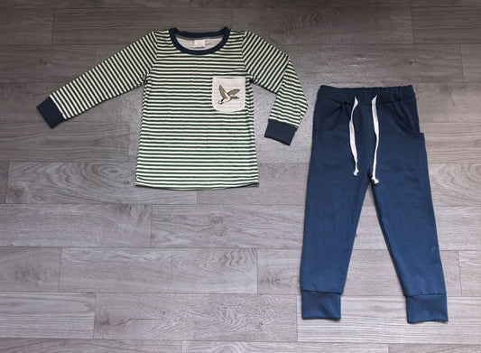 (Sample) No moq milk silk BLP1351 Embroidery Baby Boys Ducks Stripe Long Sleeve Pockets Jogger Clothes Sets