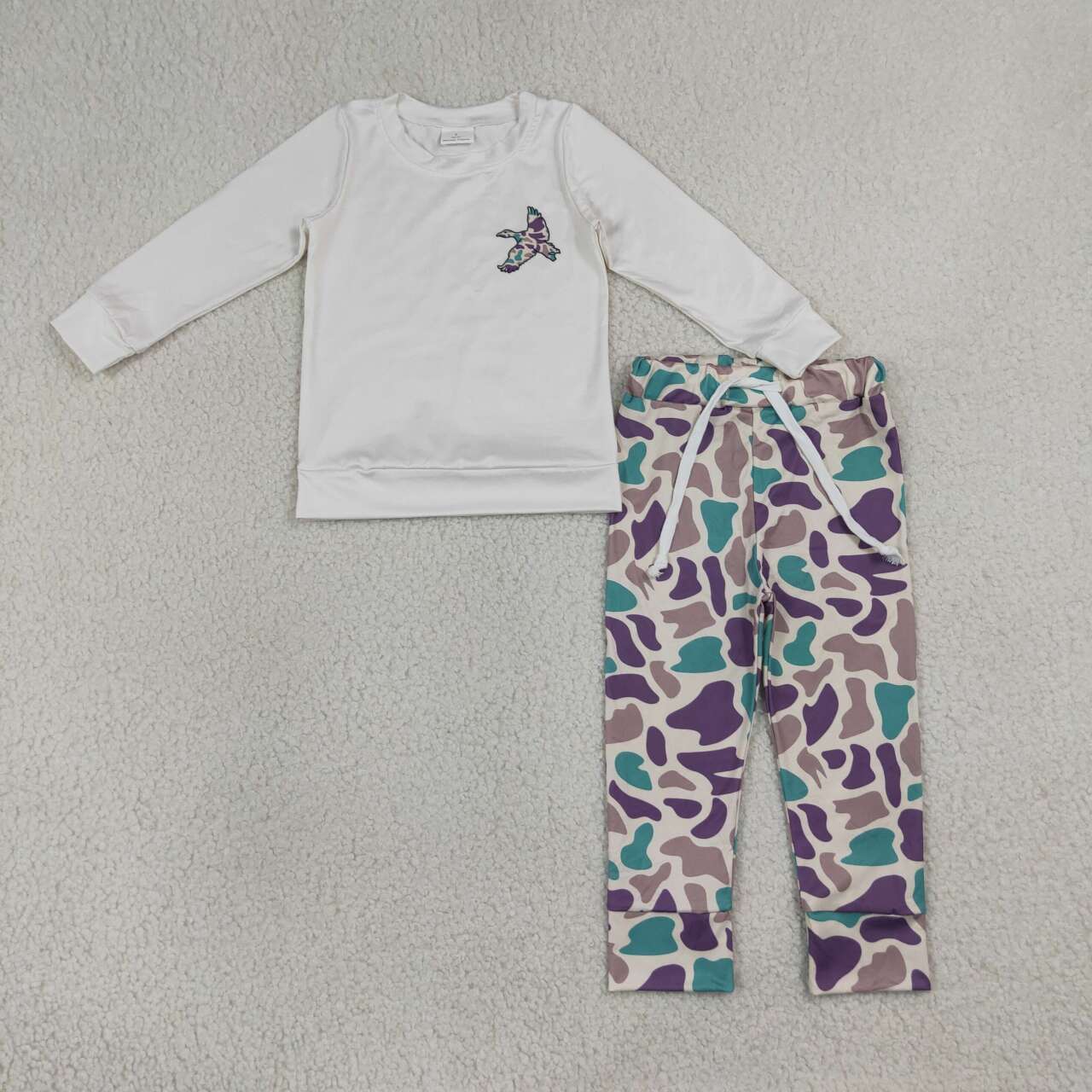 NEW RTS NO MOQ milk silk BLP1378  Baby Boys Camo Duck Print Long Sleeve Top Pants Two Piece Outdoor Hunting Clothes Sets