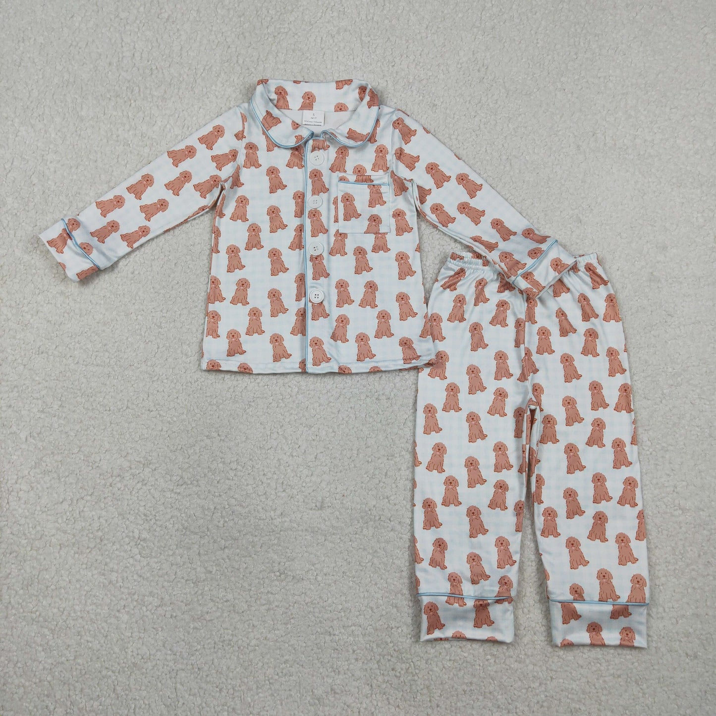 RTS NO MOQ BLP1408 Baby Boys Blue Checked Dogs Pajamas Set with Button Pocket Top And Pants Comfortable Sleepwear for Infants