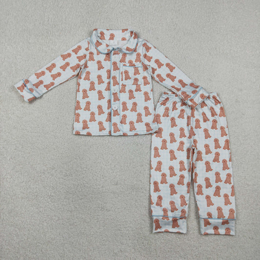 RTS NO MOQ BLP1408 Baby Boys Blue Checked Dogs Pajamas Set with Button Pocket Top And Pants Comfortable Sleepwear for Infants