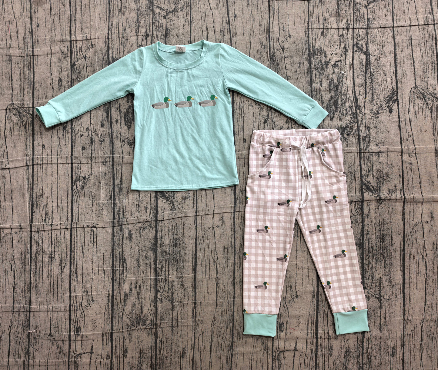 (Sample) No moq BLP1424 Embroidery Baby Boys Duck Pocket Plaid Top Jogger Hunting Pants Outfit