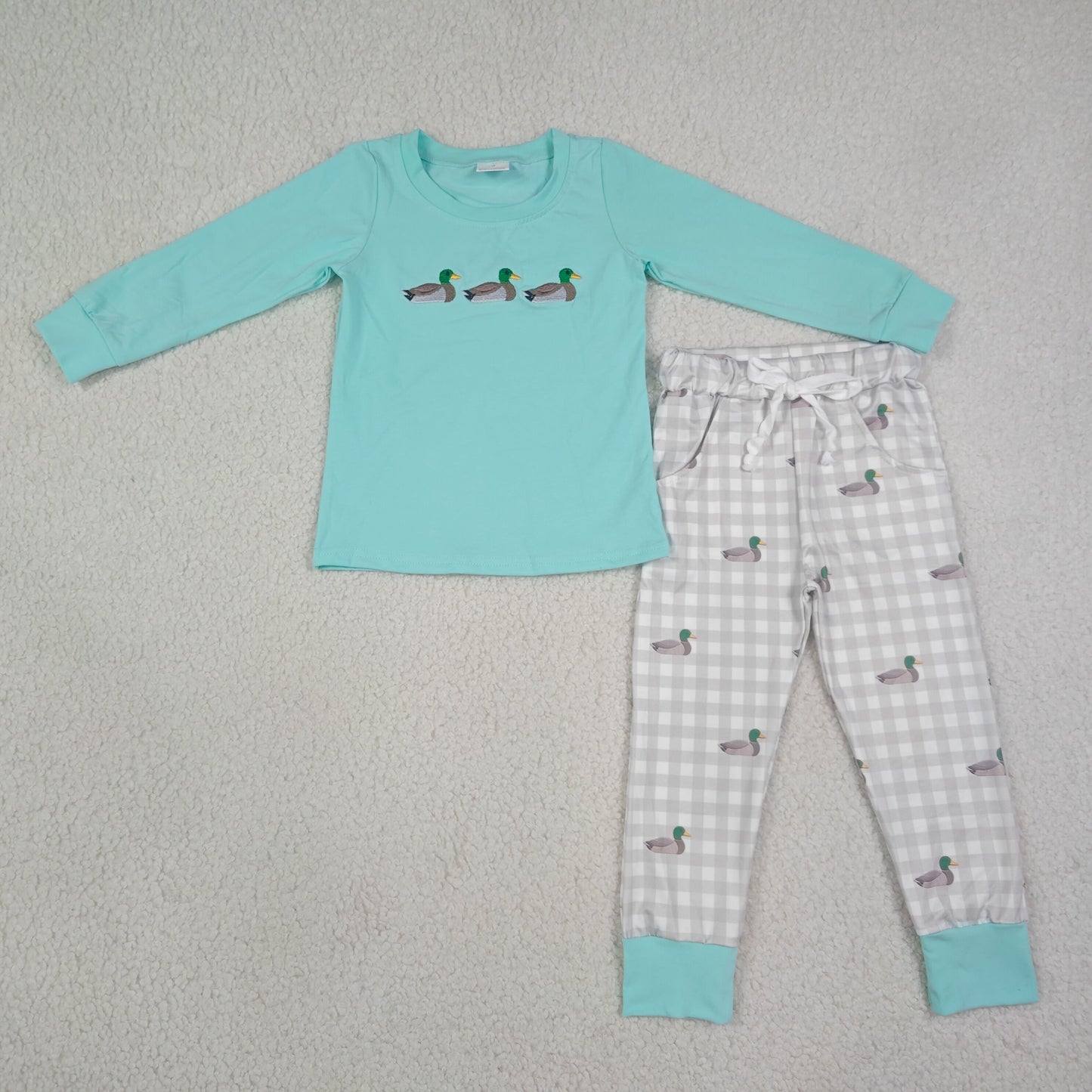 NEW RTS NO MOQ milk silk BLP1424 Embroidery Ducks Baby Boys Top Pockets Checked Jogger Hunting Sets