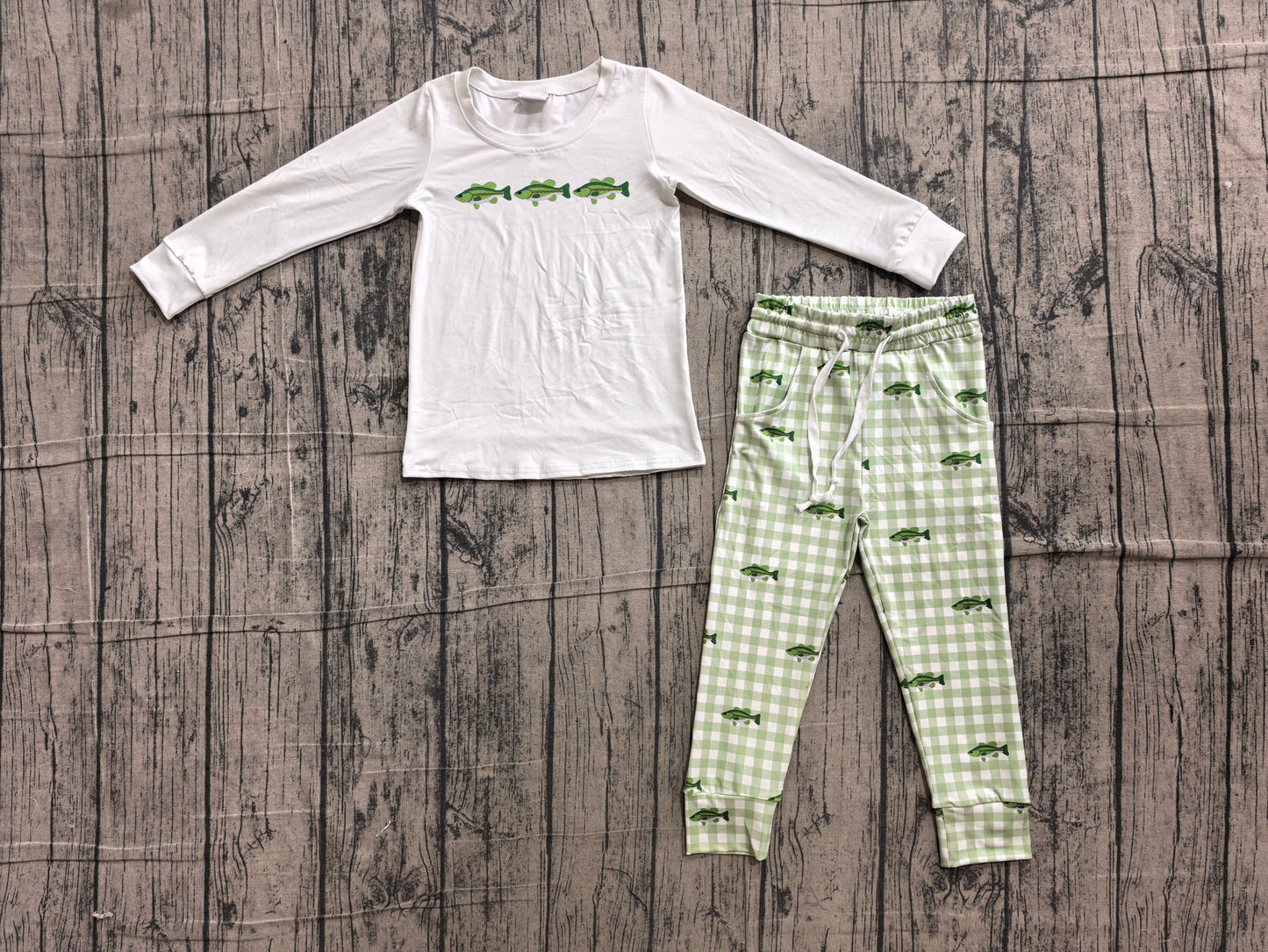 (Sample) No moq BLP1425 Baby Boys Fish Pocket Long Sleeve Checked Top Jogger Hunting Pants Outfit