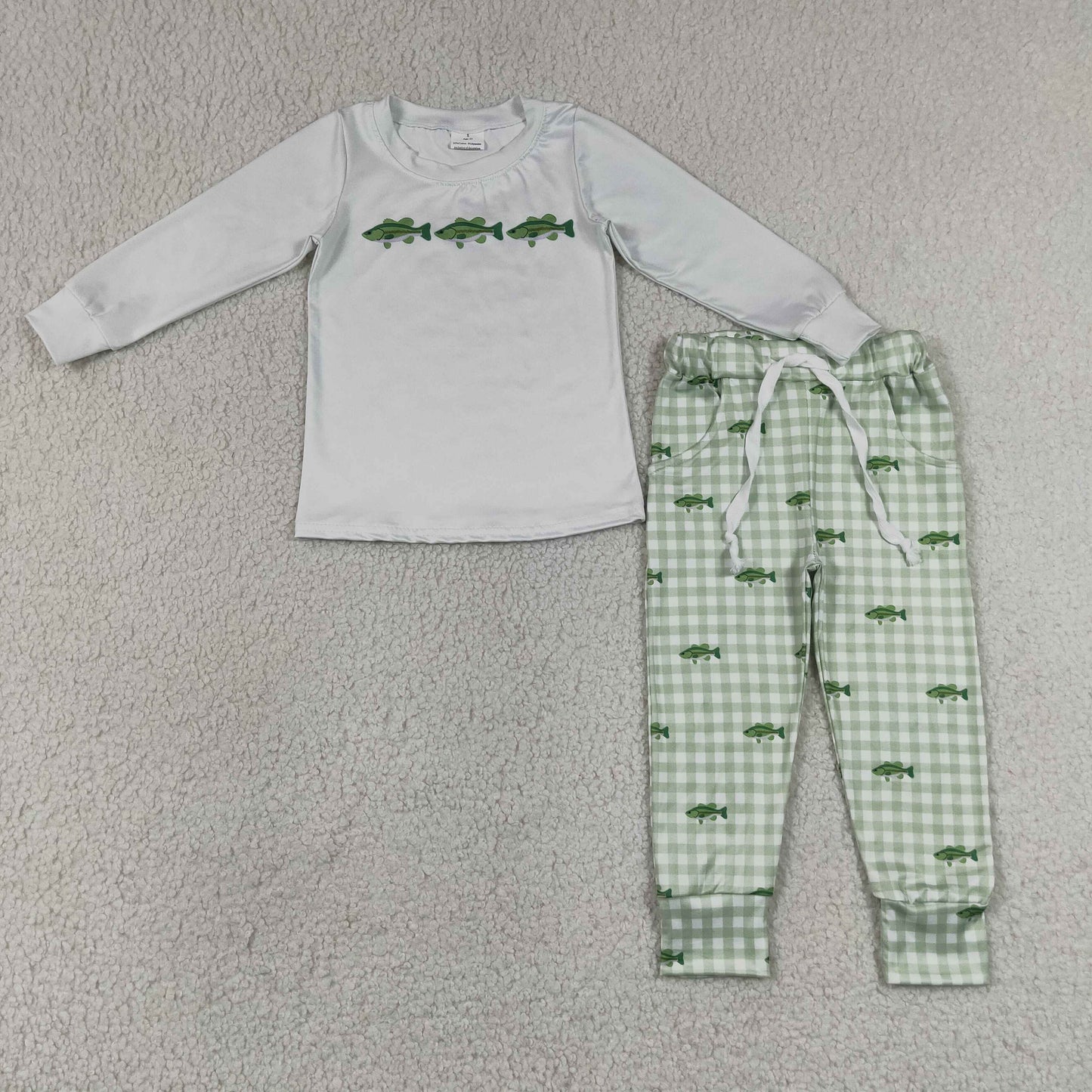 RTS NO MOQ Sibling milk silk Baby Boys Fish Print Long Sleeve Top With Pockets And Jogger Pants Set Rompers