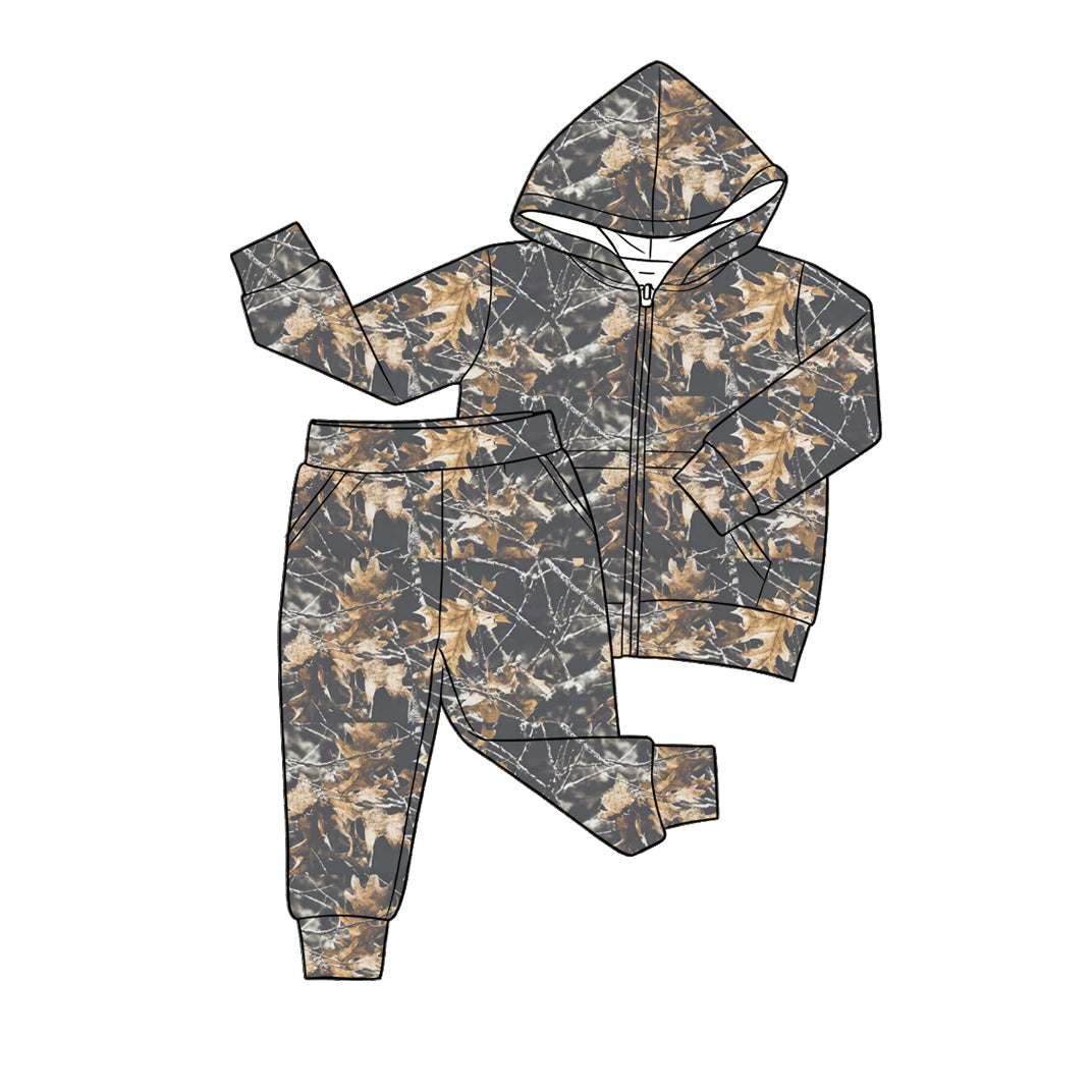 (Pre Order) No moq BLP1439 Baby Boys Camo Leaf Full Zip Pocket Hoodie Elastic Waist Jogger Casual Matching Set