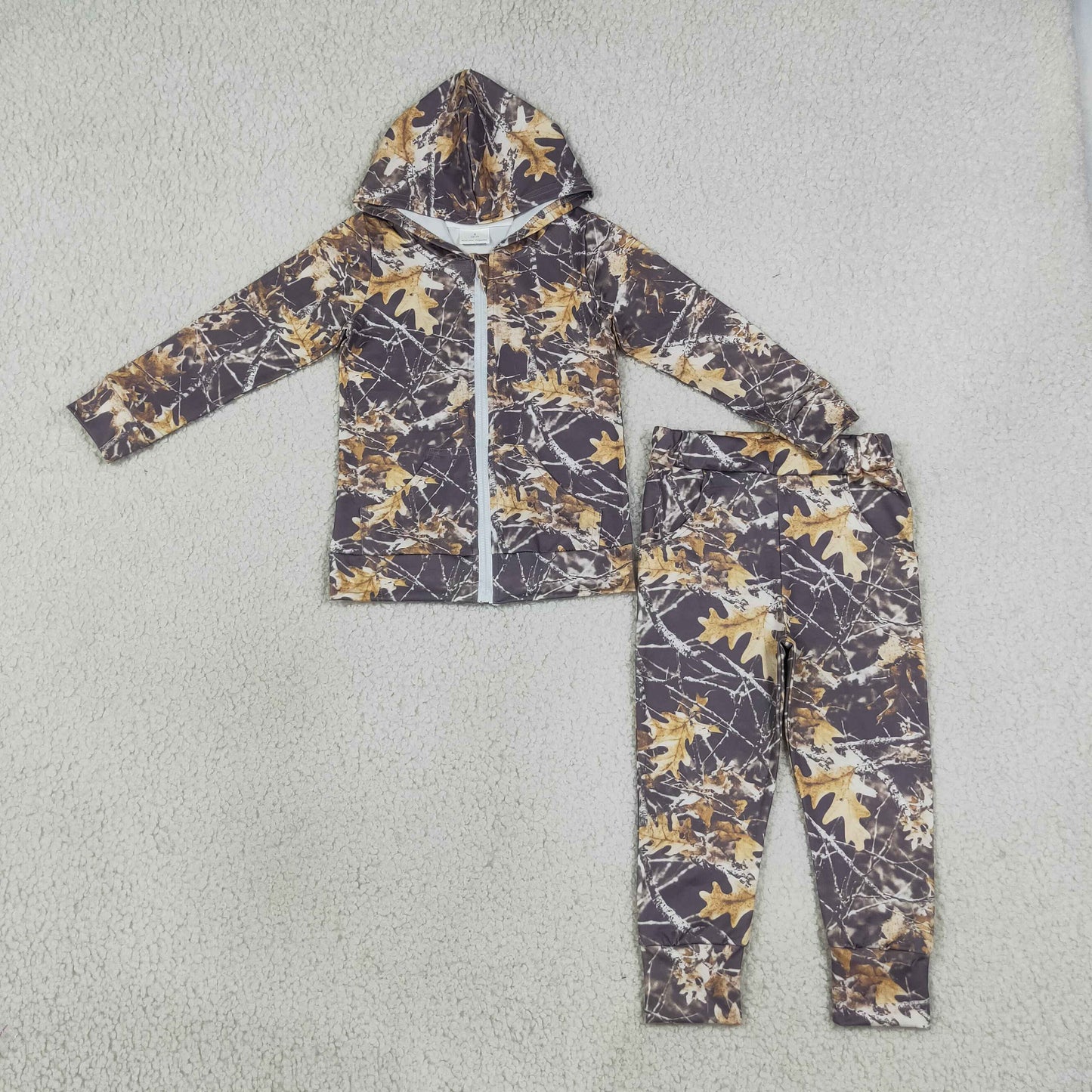 RTS No moq milk silk BLP1439 Baby Boys Southern Leaves Camo Pocket Zip Hoodies Jacket Joggers Clothes Sets