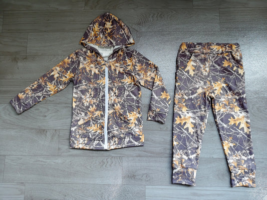 (Sample) No moq milk silk BLP1439 Baby Boys Camo Leaf Full Zip Pocket Hoodie Elastic Waist Jogger Casual Matching Set