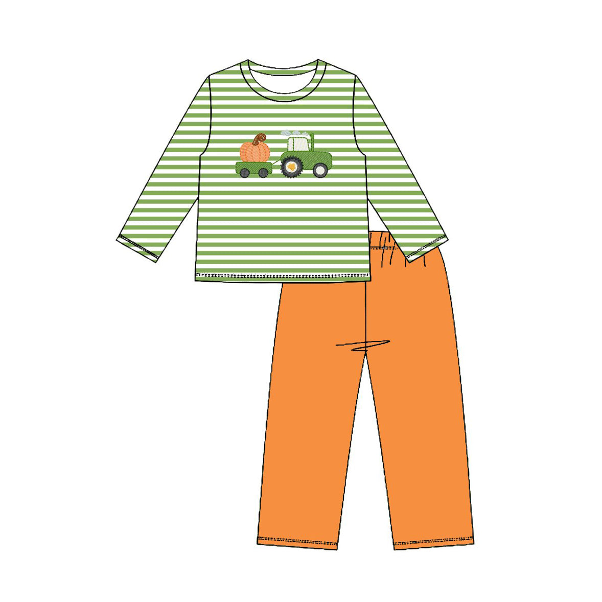 (Preorder new) No moq Embroidery Pumpkin Truck Baby Boys Green Stripe Top Pants Clothes Sets Rompers