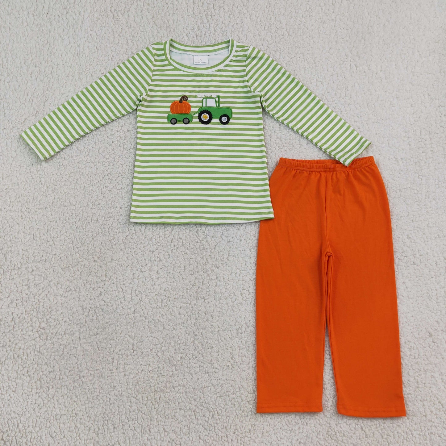 RTS NO MOQ Sibling milk silk Embroidery Pumpkin Truck Baby Boys Green Stripe Top Pant Fall Clothes Sets Romper