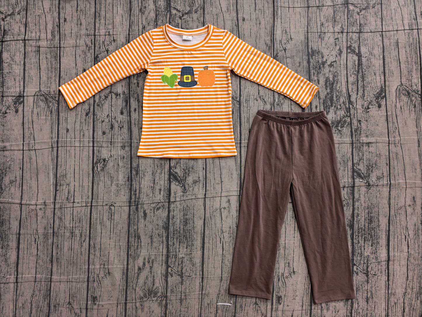 (Sample) No moq BLP1442 Embroidery Baby Boys Orange Stripe Pumpkin Embroidery Top And Pants Sets