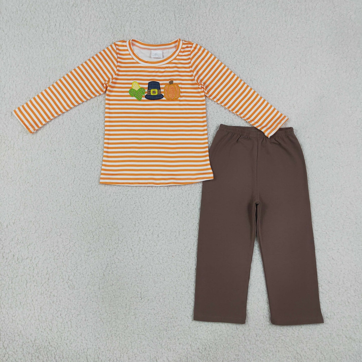 NEW RTS NO MOQ milk silk BLP1442 Embroidery Baby Boys Orange Stripe Pumpkin Embroidery Top And Pants Holiday Clothes Set