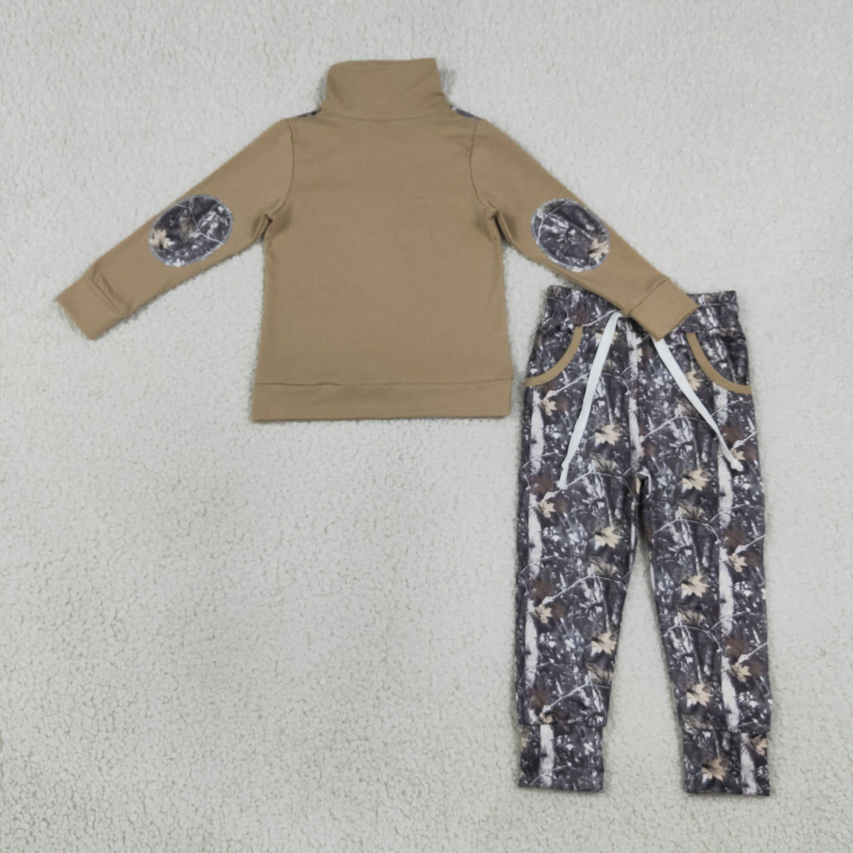 NEW RTS NO MOQ milk silk BLP1446 Baby Boys Camo Print Long Sleeve Zip Up Pullover Top Side Pocket Jogger Pants Set