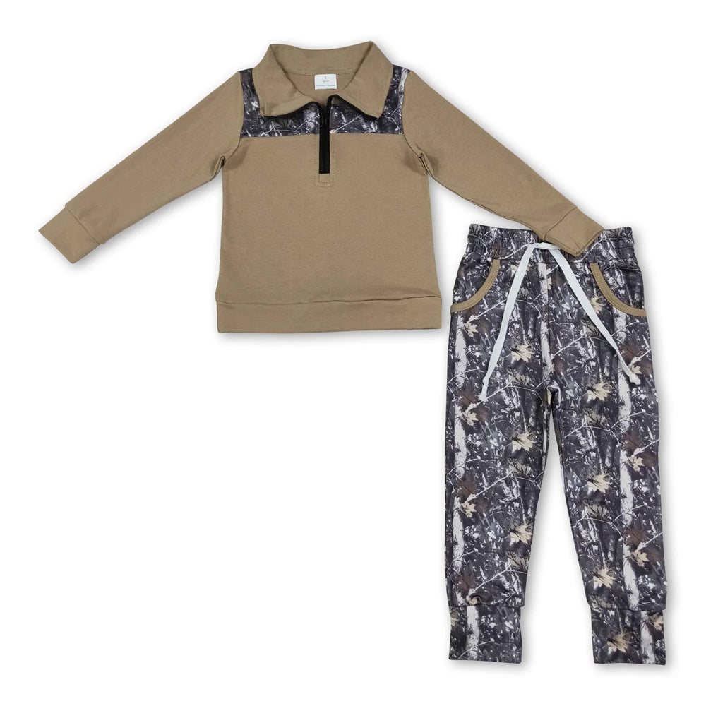 RTS NO MOQ Sibling milk silk Baby Boys Long Sleeve Camo Zip Pullover Pockets Jogger Clothes Sets
