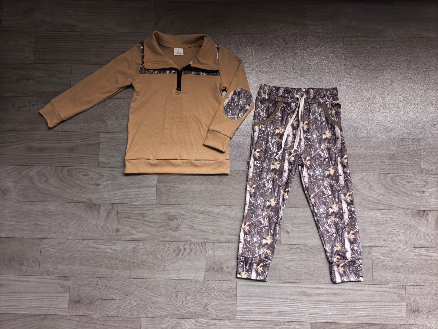 (Sample) No moq milk silk BLP1446 Baby Boys Camo Print Long Sleeve Zip Up Pullover Top Side Pocket Jogger Pants Clothes Set