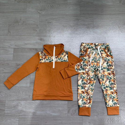 (Sample) No moq milk silk BLP1447 Baby Boys Camo Print Long Sleeve Zip Up Pullover Top Pocket Jogger Pants Clothes Set