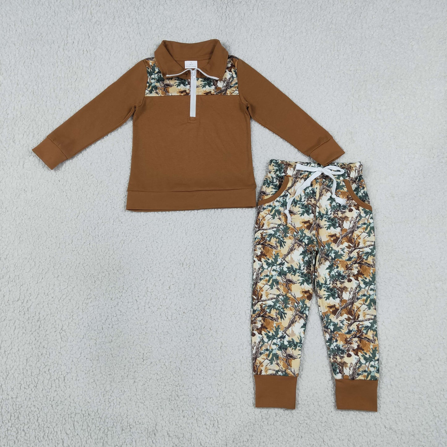 RTS NO MOQ Sibling milk silk Baby Boys Long Sleeve Camo Print Zip Pullover Pockets Jogger Hunting Clothes Sets Zipper Rompers