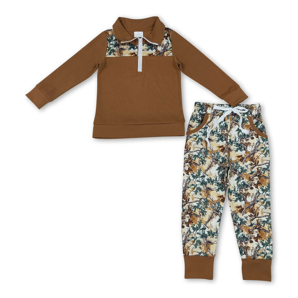 RTS NO MOQ Sibling milk silk Baby Boys Long Sleeve Camo Zip Pullover Pockets Jogger Clothes Sets