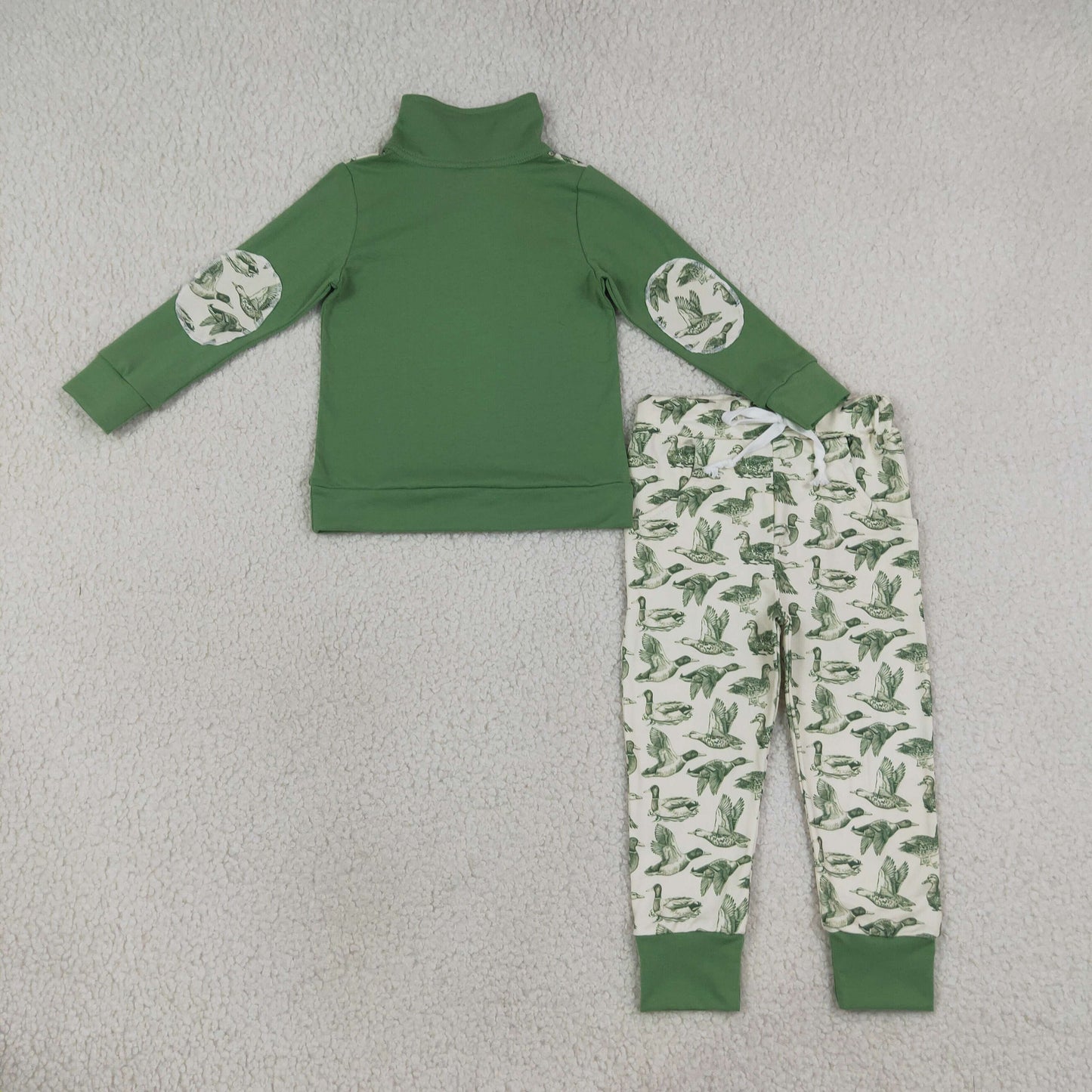 NEW RTS NO MOQ milk silk BLP1449 Baby Boys Duck Hunting Print Long Sleeve Zip Pullover Top With Side Pockets Jogger Pants Set