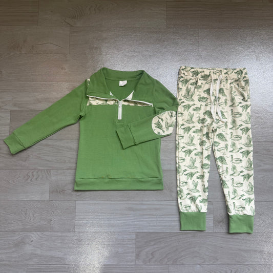 (Sample) No moq milk silk BLP1449 Baby Boys Duck Hunting Print Long Sleeve Half Zip Pullover Top With Side Pockets Jogger Pants Set