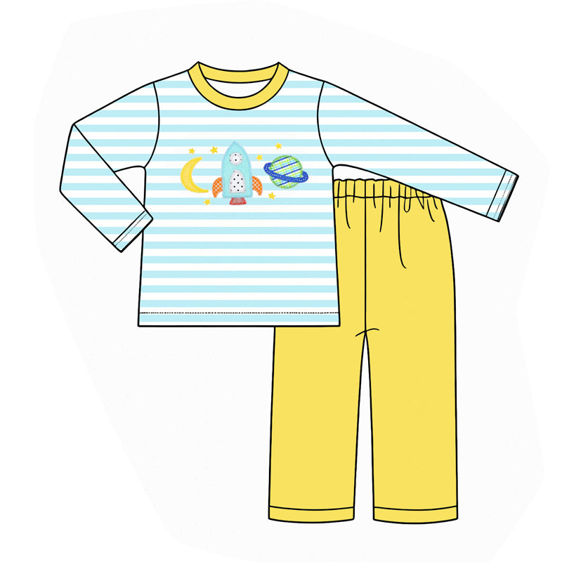 (Pre Order) No moq Casual Blue Striped Long Sleeve Top Pants And Matching Romper