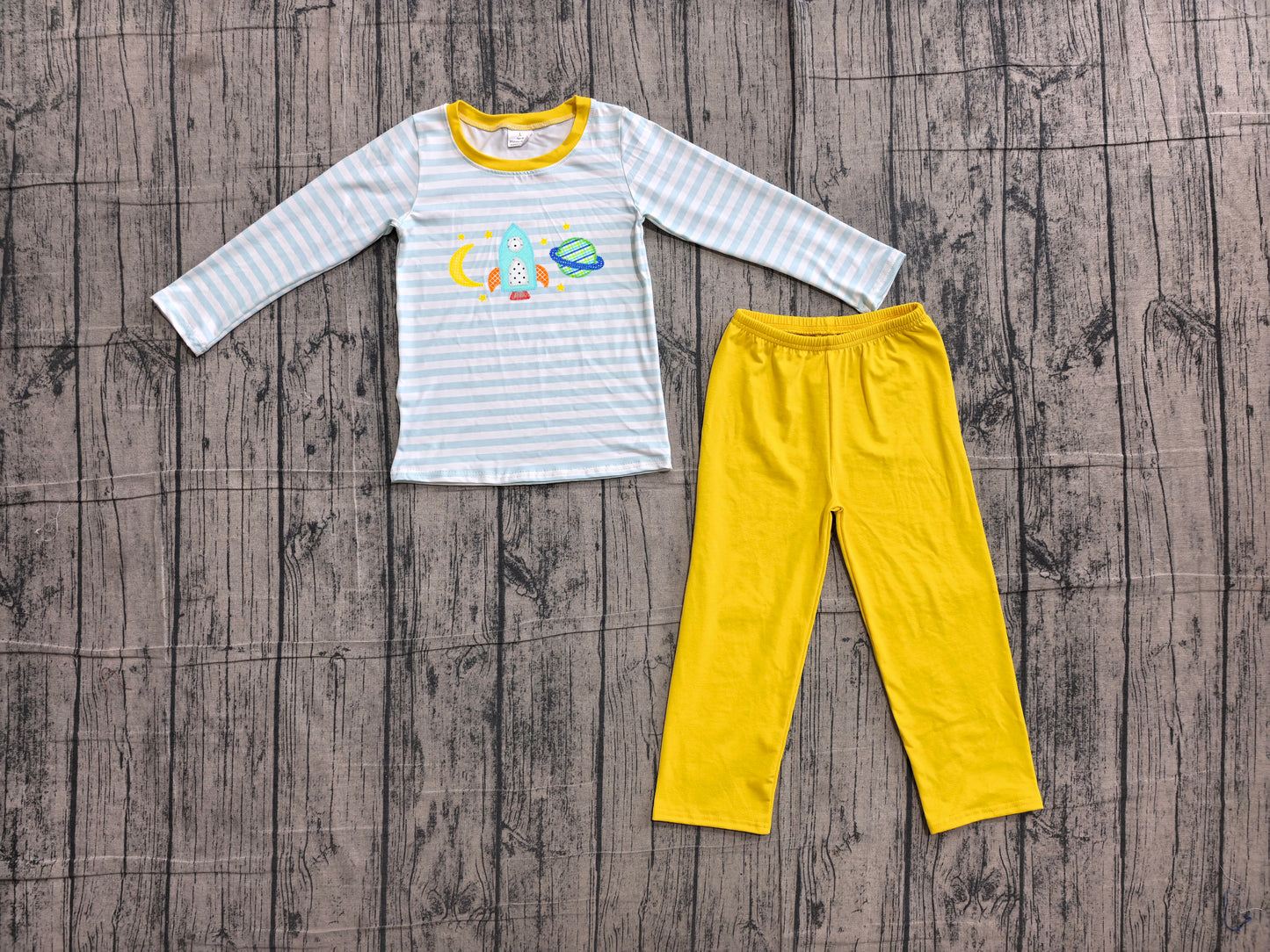 (Sample) No moq BLP1455 Embroidery Baby Boys Blue Stripe With Rocket Moon Embroidery Top Pant Sets