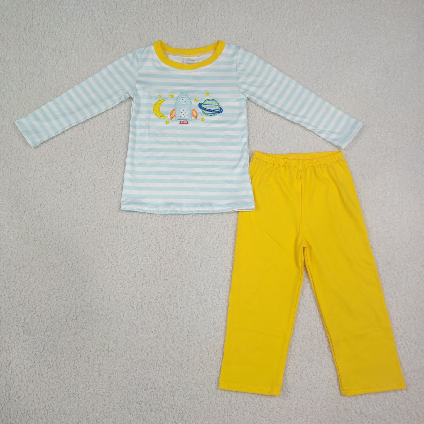 RTS NO MOQ Sibling milk silk Embroidery Moon Baby Boys Long Sleeve Blue Stripe Top Pant Clothes Sets Romper
