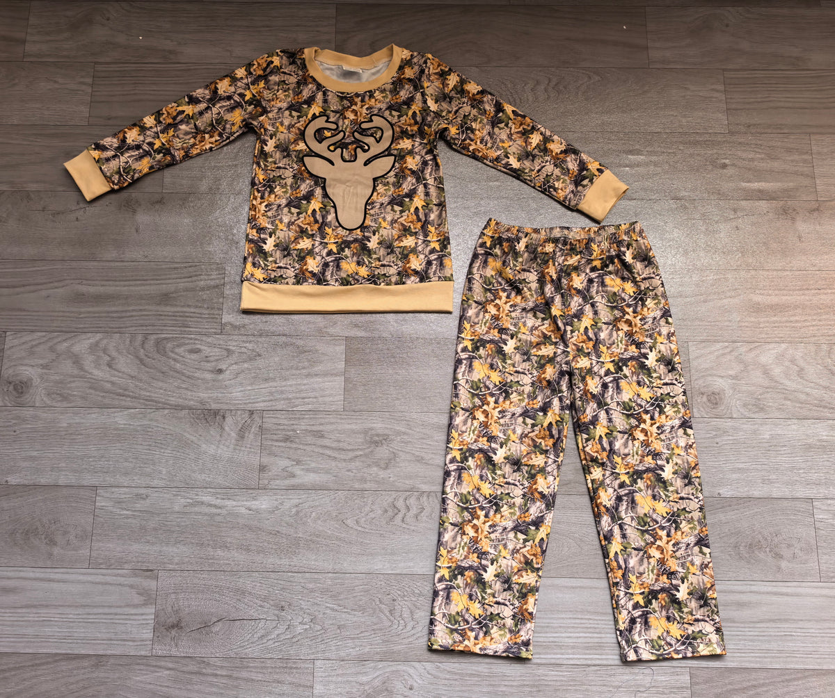 (Sample) No moq milk silk BLP1458 Baby Boys Leaves Camo Deer Long Sleeve Top And Pant Daily Sets