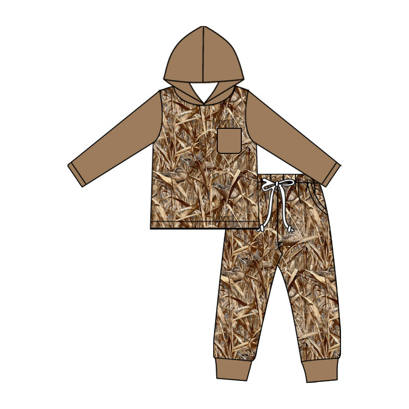 (Pre Order) No moq milk silk Baby Boys Green Leaves Camo Hoodie Pocket Joggers Hunting Outfit Sets