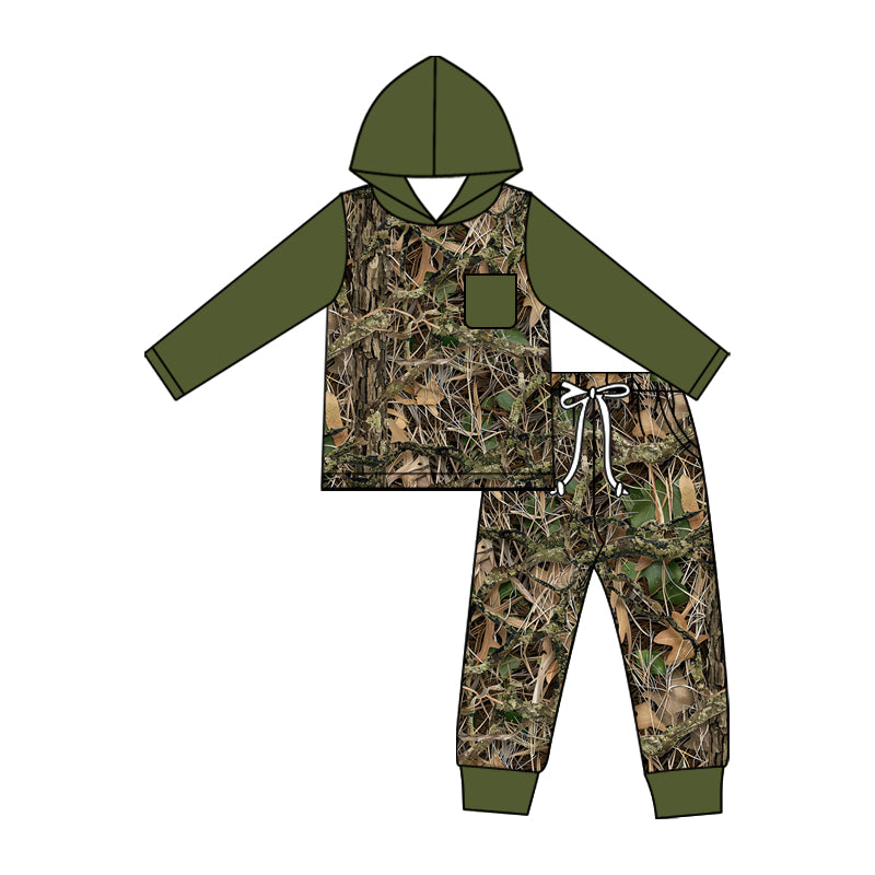 (Pre Order) No moq milk silk Baby Boys Green Leaves Camo Hoodie Pocket Joggers Hunting Outfit Sets
