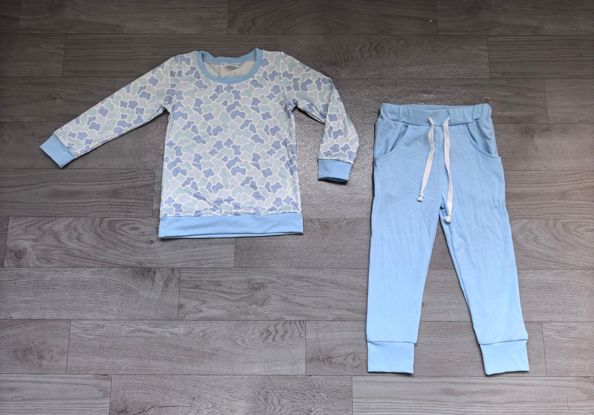 (Sample) No moq milk silk BLP1465 Baby Boys Light Blue Camo Shirt Top Pockets Jogger Pant Outfit