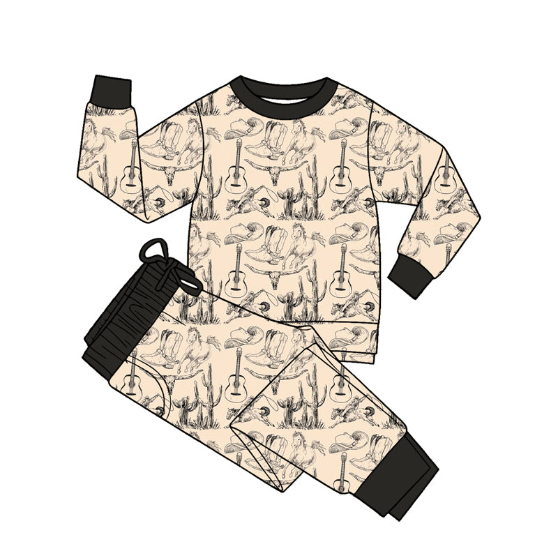 (Preorder new) No moq milk silk Baby Boys Long Sleeve Casual Western Horses Cactus Cows Daily Wear Clothes Sets
