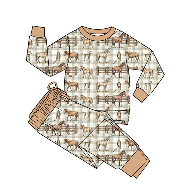 (Preorder new) No moq milk silk Baby Boys Long Sleeve Casual Western Horses Cactus Cows Daily Wear Clothes Sets