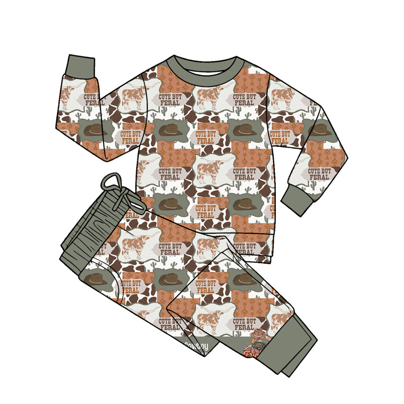 (Preorder new) No moq milk silk Baby Boys Long Sleeve Casual Western Horses Cactus Cows Daily Wear Clothes Sets