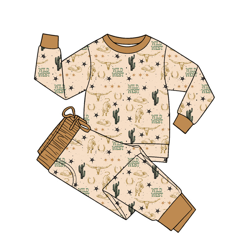 (Preorder new) No moq milk silk Baby Boys Long Sleeve Casual Western Horses Cactus Cows Daily Wear Clothes Sets