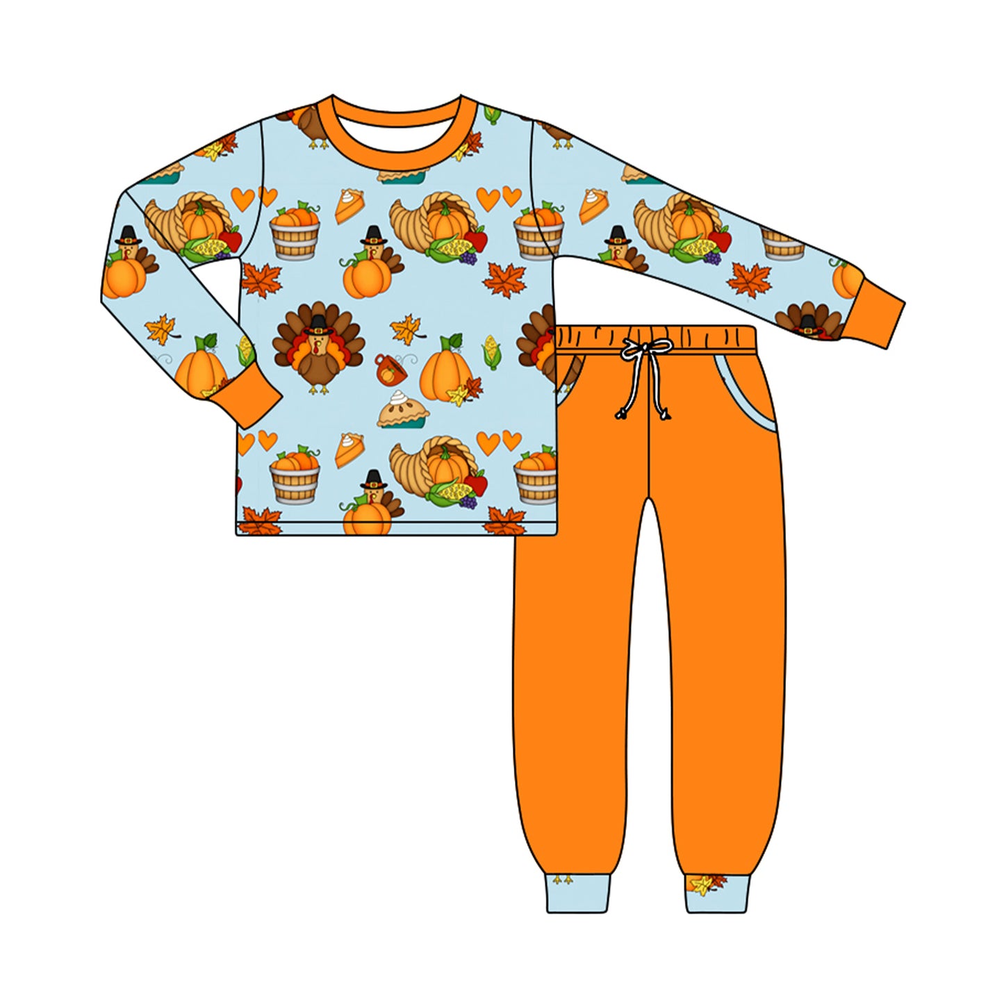 (Preorder new) No moq Baby Boys Pumpkin Pocket Top Jogger Pants Fall Thanksgiving Holiday Clothes Sets Rompers