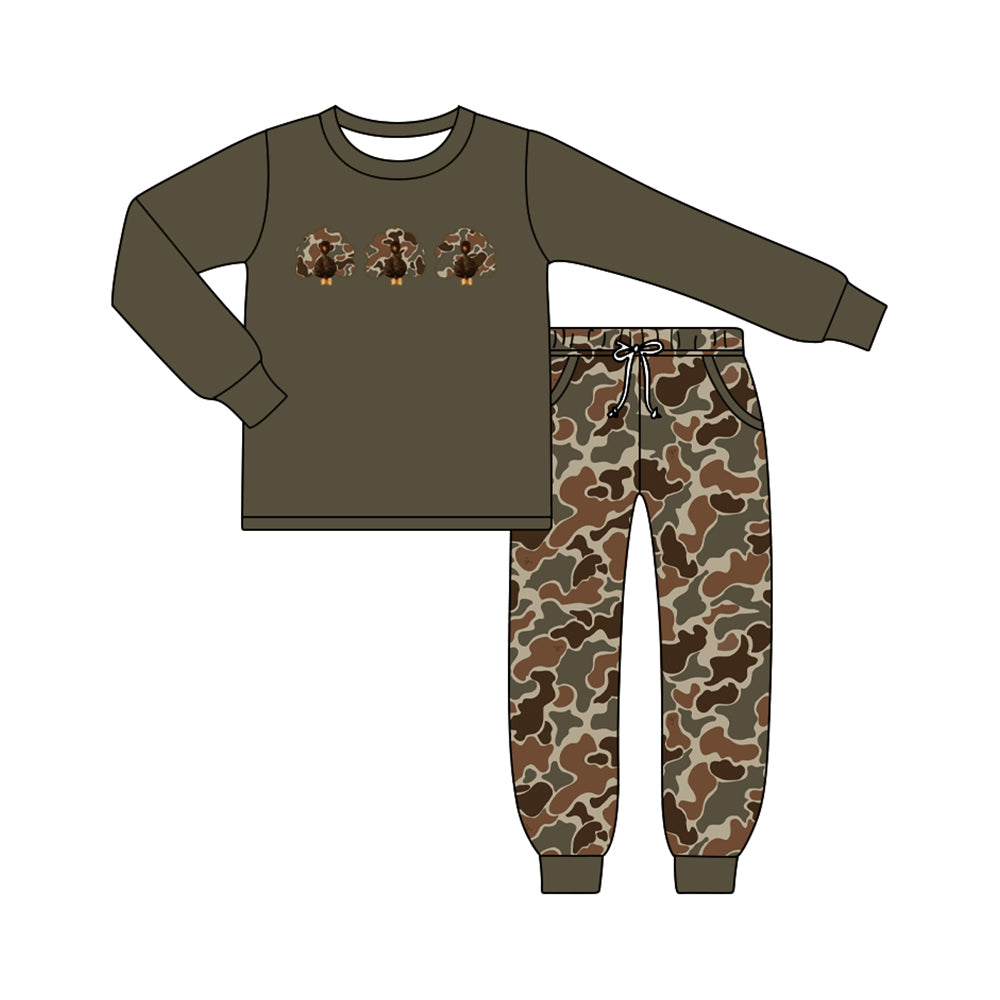 (Preorder new) No moq Baby Boys Camo Turkey Pocket Top Jogger Pants Autumn Thanksgiving Sets