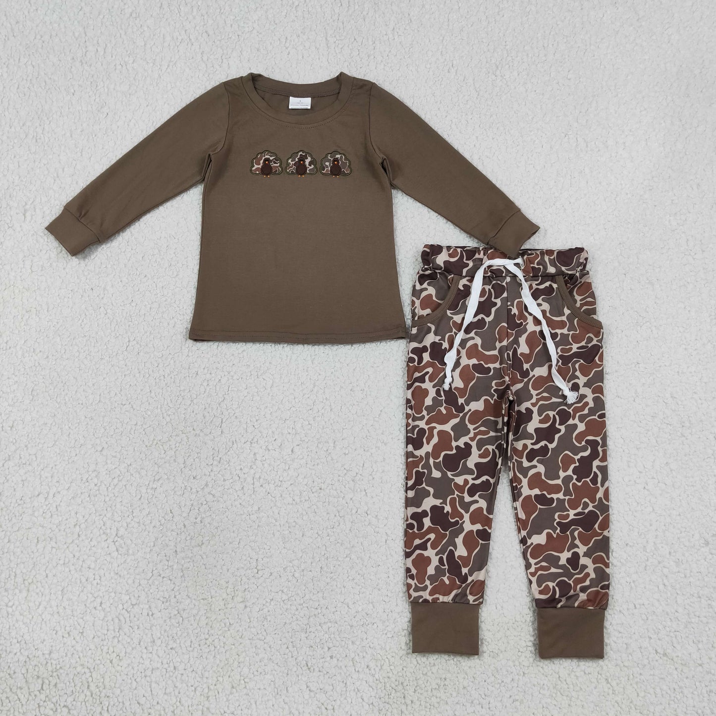 RTS NO MOQ Sibling milk silk Embroidery Camo Turkey Baby Boys Pockets Jogger Casual Fall Outfit Rompers