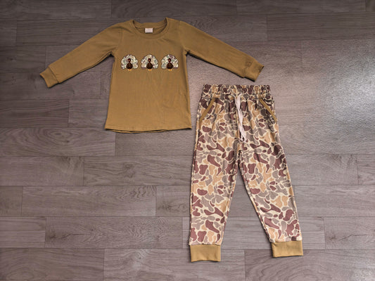 (Sample) No moq milk silk BLP1474 Embroidery Camo Turkey Baby Boys Top Pockets Jogger Thanksgiving Clothes Sets