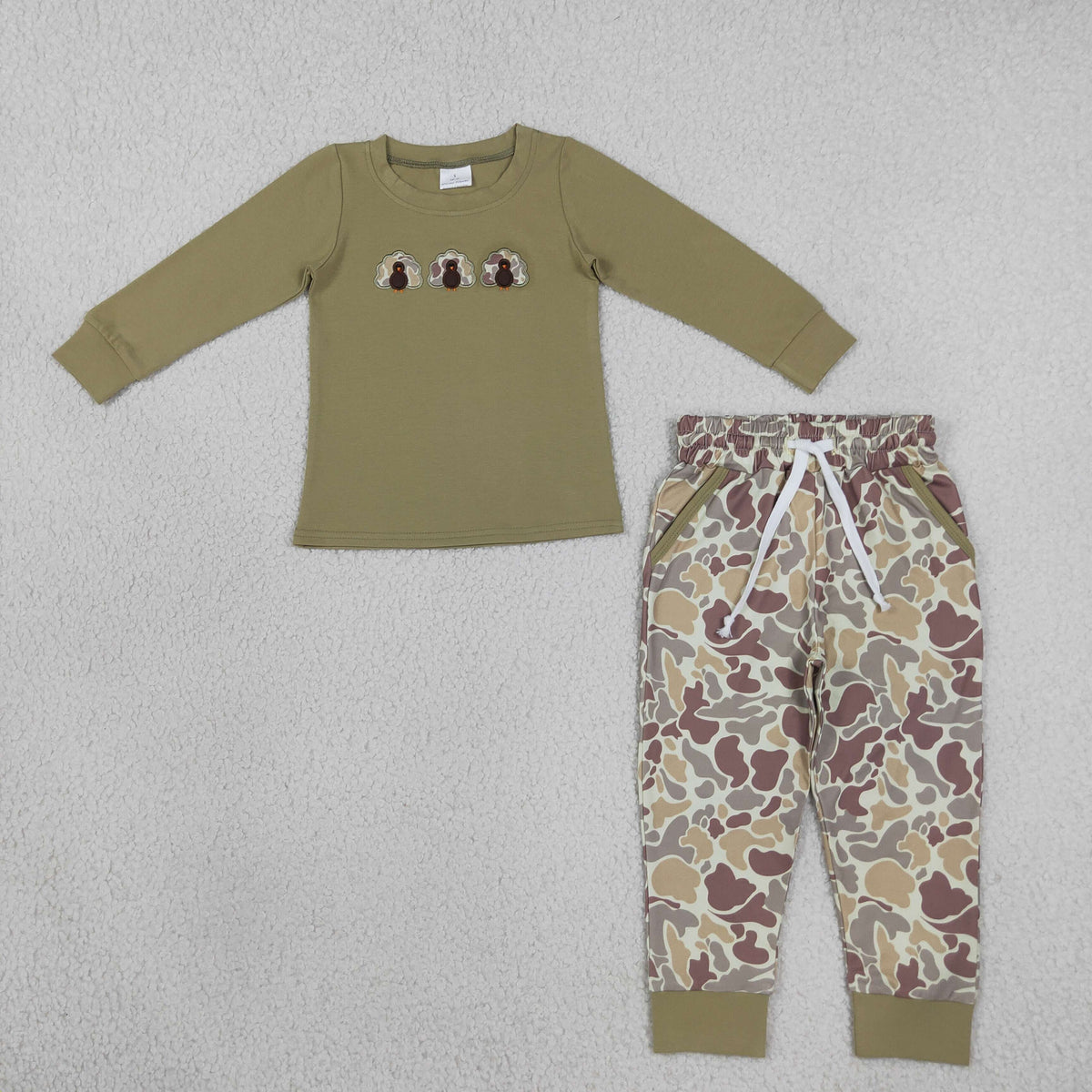 NEW RTS NO MOQ milk silk BLP1474 Embroidery Camo Turkey Baby Boys Long Sleeve Top Pockets Jogger Thanksgiving Sets