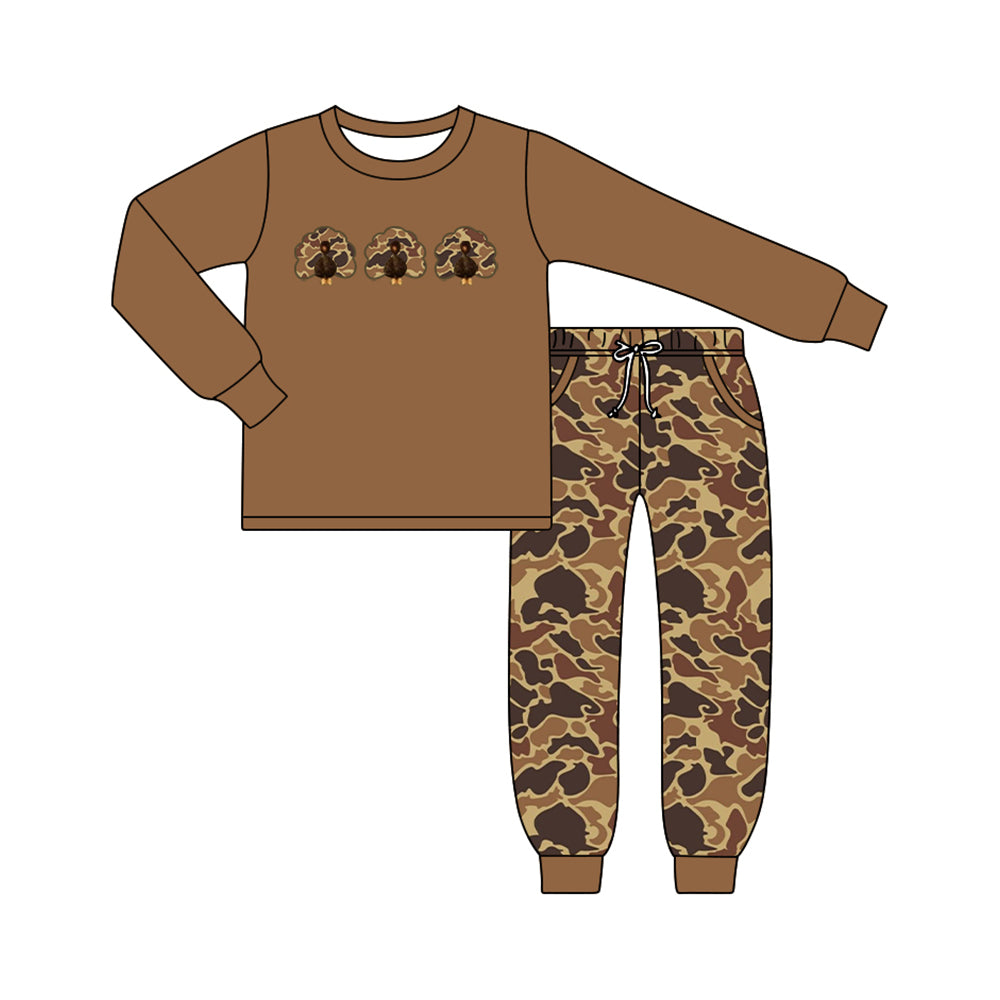 (Preorder new) No moq Baby Boys Camo Turkey Pocket Top Jogger Pants Autumn Thanksgiving Sets