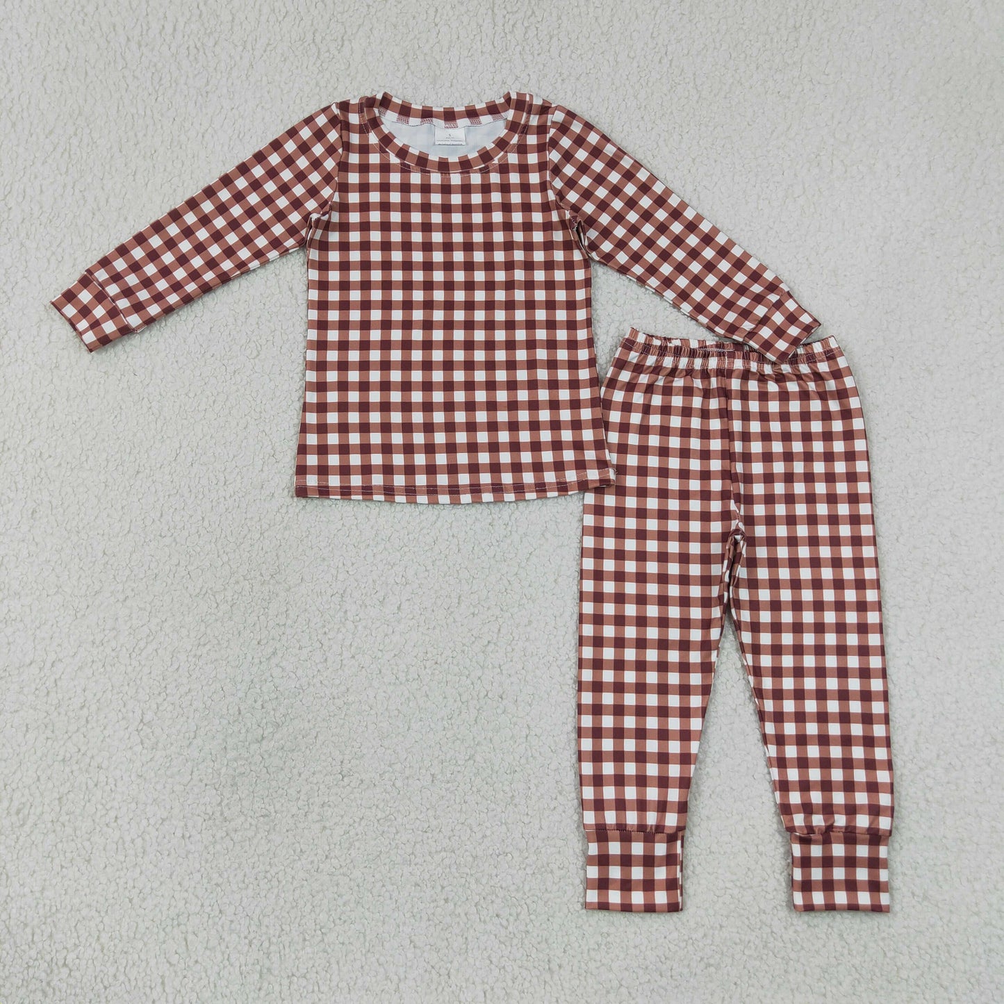 RTS NO MOQ Sibling milk silk Baby Boys Khaki Checked Print Top Matching Pants Pajamas Clothes Set Two Way Zip Convertible Rompers